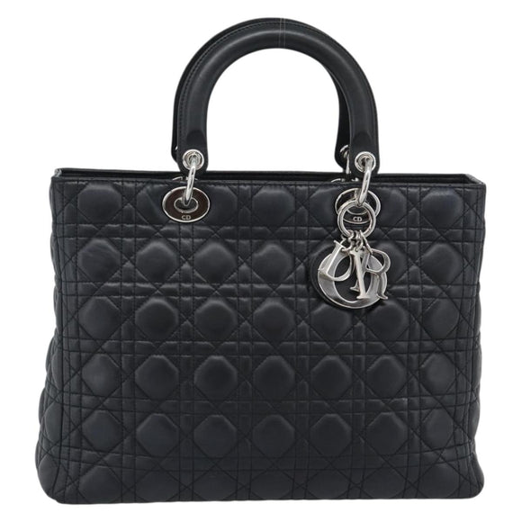 Christian Dior Lady Dior Canage Hand Bag Lamb Skin Black Silver Auth 194856V