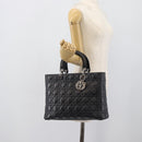 Christian Dior Lady Dior Canage Hand Bag Lamb Skin Black Silver Auth 194856V-23