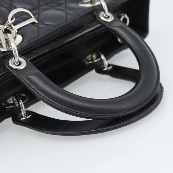 Christian Dior Lady Dior Canage Hand Bag Lamb Skin Black Silver Auth 194856V