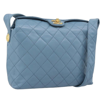 CHANEL Matelasse Shoulder Bag Lamb Skin Light Blue Gold CC Auth 194865A