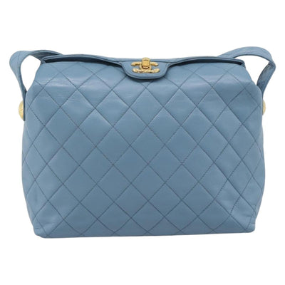 CHANEL Matelasse Shoulder Bag Lamb Skin Light Blue Gold CC Auth 194865A - 0