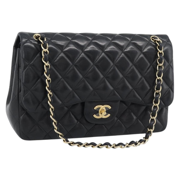 CHANEL Matelasse 30 Chain Shoulder Bag Lamb Skin Gold Black CC Auth 194866SM