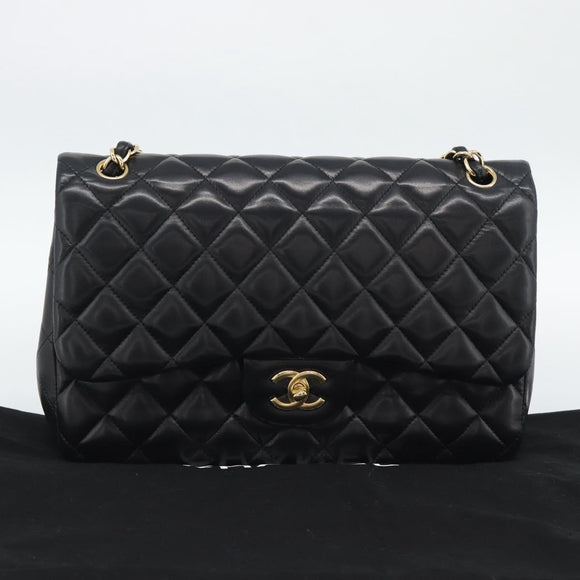 CHANEL Matelasse 30 Chain Shoulder Bag Lamb Skin Gold Black CC Auth 194866SM