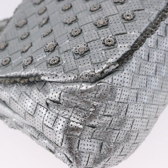 BOTTEGA VENETA INTRECCIATO Chain Shoulder Bag Leather Silver Auth 194867V