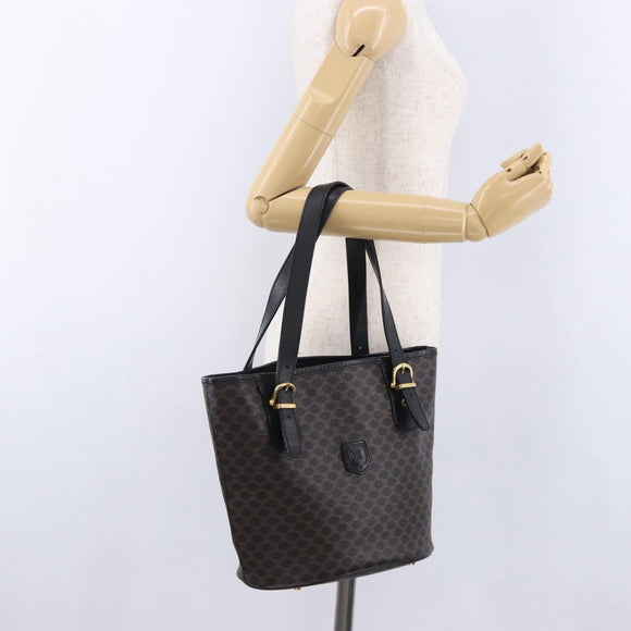 CELINE Macadam Canvas Tote Bag PVC Leather Black Gold Auth 194870V