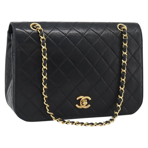 CHANEL Matelasse Chain Shoulder Bag Lamb Skin Black Gold CC Auth 194871V