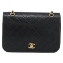 CHANEL Matelasse Chain Shoulder Bag Lamb Skin Black Gold CC Auth 194871V-2