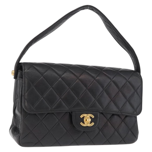 CHANEL Matelasse Double Face Hand Bag Lamb Skin Black Gold CC Auth 194872SAM