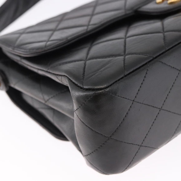 CHANEL Matelasse Double Face Hand Bag Lamb Skin Black Gold CC Auth 194872SAM