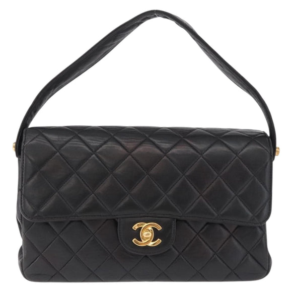 CHANEL Matelasse Double Face Hand Bag Lamb Skin Black Gold CC Auth 194872SAM