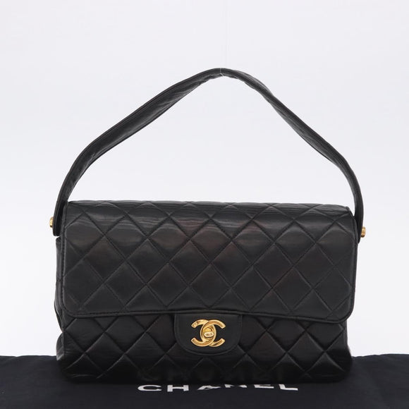 CHANEL Matelasse Double Face Hand Bag Lamb Skin Black Gold CC Auth 194872SAM