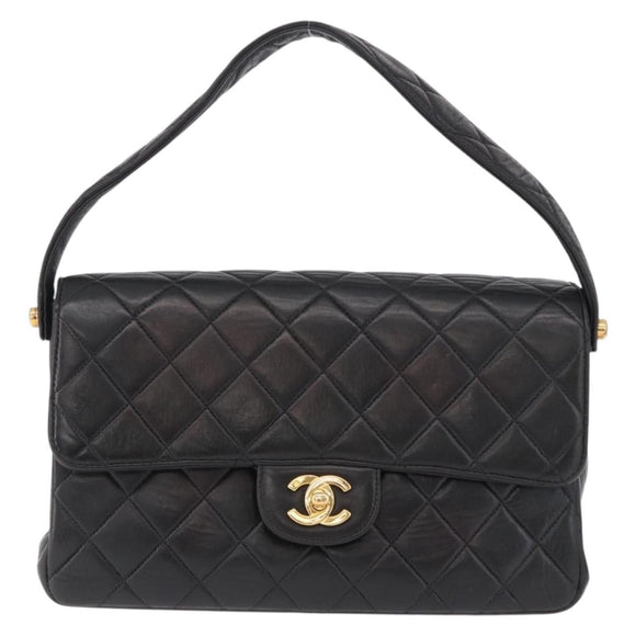 CHANEL Matelasse Double Face Hand Bag Lamb Skin Black Gold CC Auth 194872SAM