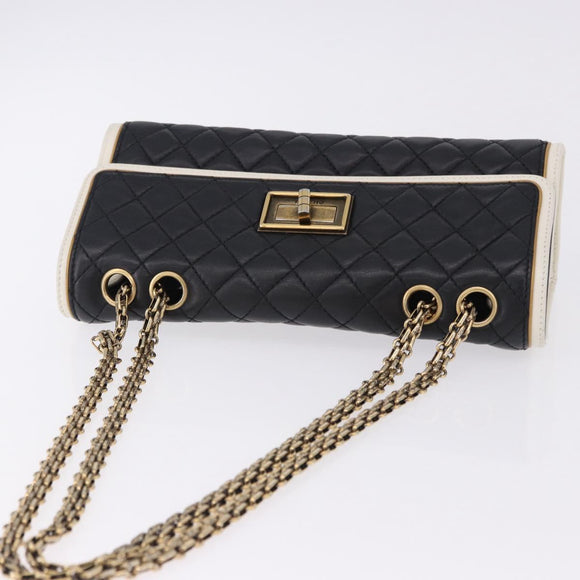 CHANEL Chain Matelasse 2.55 Shoulder Bag Lamb Skin Black Gold CC Auth 194876V