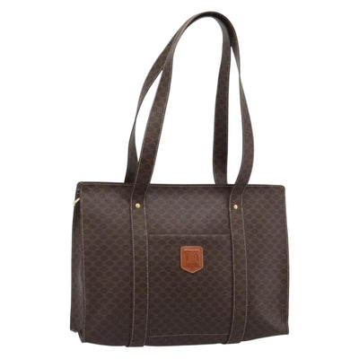 CELINE Macadam Canvas Tote Bag PVC Leather Brown Gold Auth 194880A