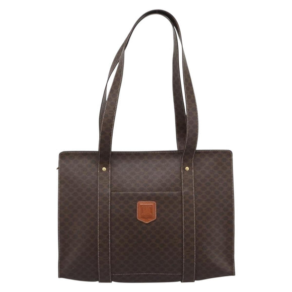 CELINE Macadam Canvas Tote Bag PVC Leather Brown Gold Auth 194880A