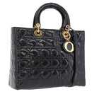Christian Dior Lady Dior Canage Bag Patent Leather 2way Black Gold Auth 194882-1