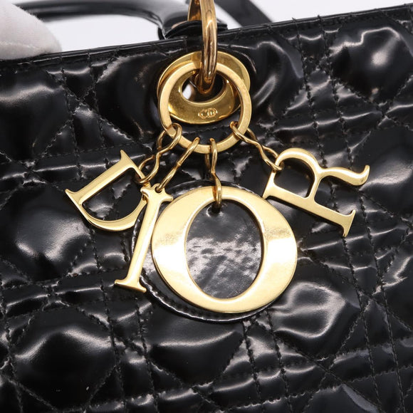 Christian Dior Lady Dior Canage Bag Patent Leather 2way Black Gold Auth 194882