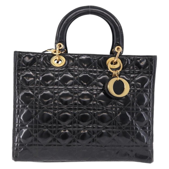 Christian Dior Lady Dior Canage Bag Patent Leather 2way Black Gold Auth 194882