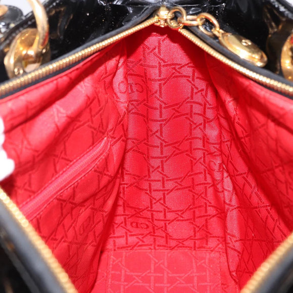 Christian Dior Lady Dior Canage Bag Patent Leather 2way Black Gold Auth 194882