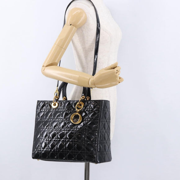 Christian Dior Lady Dior Canage Bag Patent Leather 2way Black Gold Auth 194882