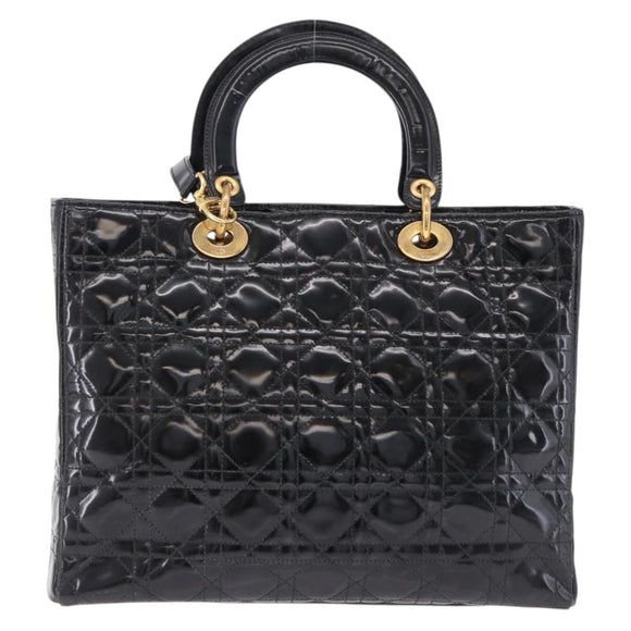 Christian Dior Lady Dior Canage Bag Patent Leather 2way Black Gold Auth 194882