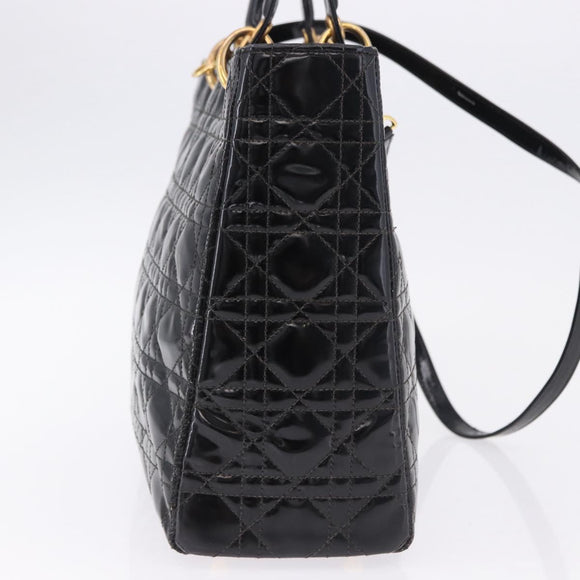 Christian Dior Lady Dior Canage Bag Patent Leather 2way Black Gold Auth 194882