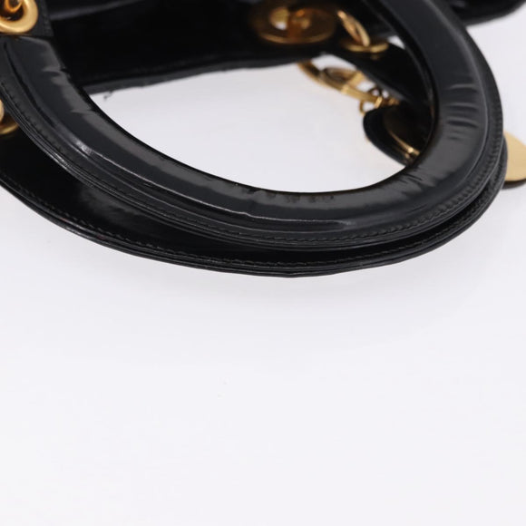 Christian Dior Lady Dior Canage Bag Patent Leather 2way Black Gold Auth 194882