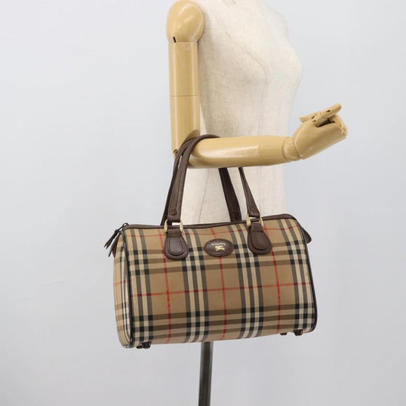Burberrys Nova Check Boston Bag Canvas Beige Gold Auth 194885