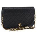 CHANEL Matelasse Chain Shoulder Bag Lamb Skin Black Gold CC Auth 194893-1