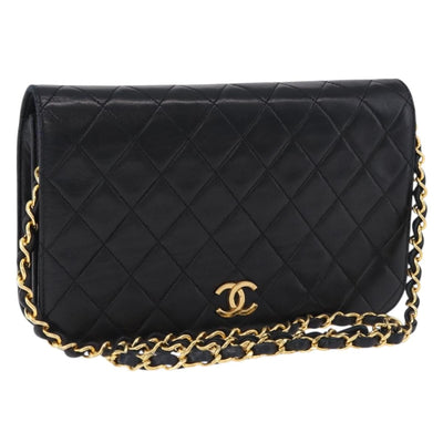 CHANEL Matelasse Chain Shoulder Bag Lamb Skin Black Gold CC Auth 194893