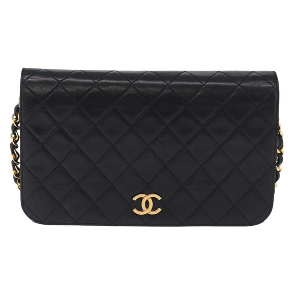 CHANEL Matelasse Chain Shoulder Bag Lamb Skin Black Gold CC Auth 194893