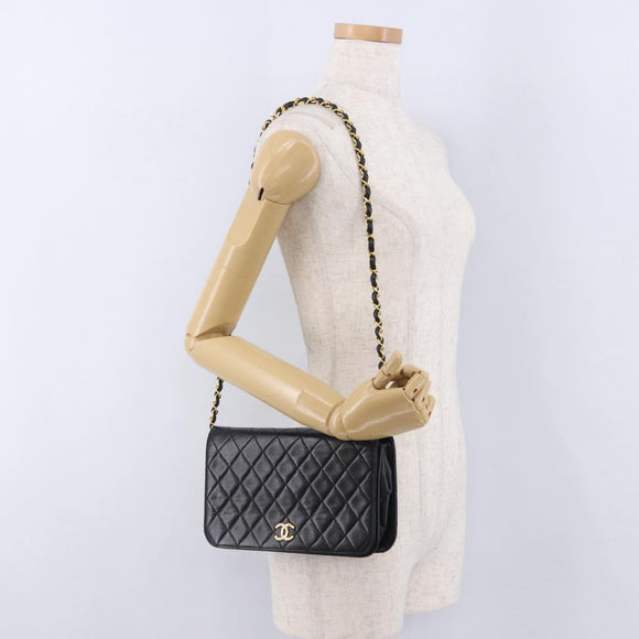 CHANEL Matelasse Chain Shoulder Bag Lamb Skin Black Gold CC Auth 194893