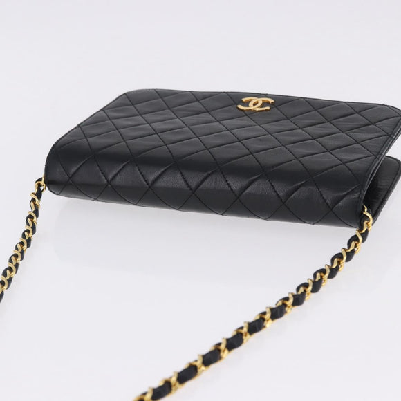 CHANEL Matelasse Chain Shoulder Bag Lamb Skin Black Gold CC Auth 194893