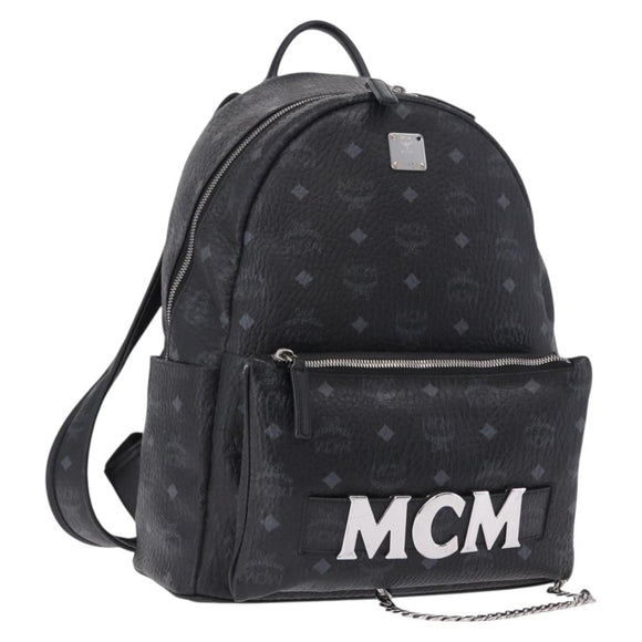 MCM Vicetos Logogram Backpack Leather Black Silver Auth 194907
