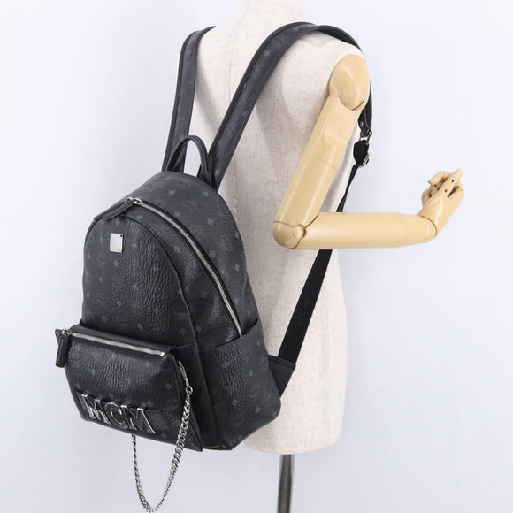MCM Vicetos Logogram Backpack Leather Black Silver Auth 194907