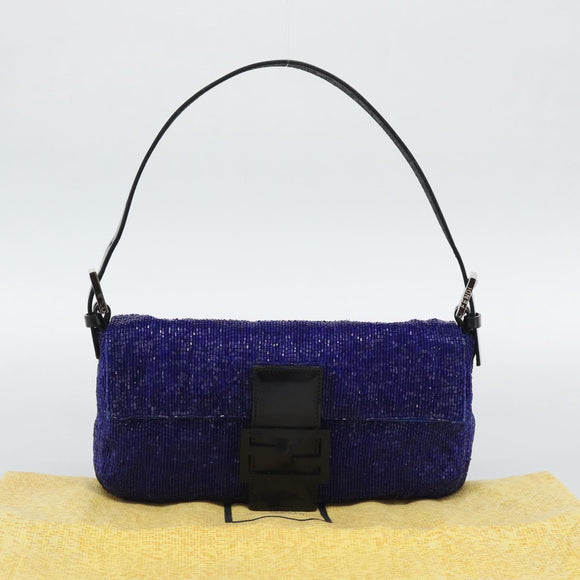 FENDI Mamma Baguette Shoulder Bag Beads Blue Silver Auth 194919SAM