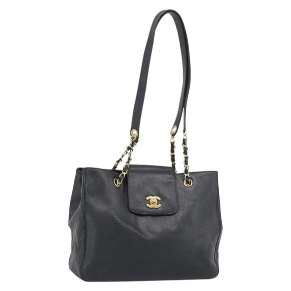 CHANEL Chain Shoulder Tote Bag Caviar Skin Black Gold CC Auth 194920SAM