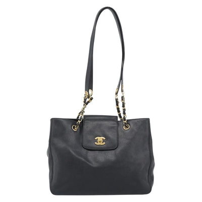 CHANEL Chain Shoulder Tote Bag Caviar Skin Black Gold CC Auth 194920SAM - 0