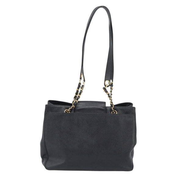 CHANEL Chain Shoulder Tote Bag Caviar Skin Black Gold CC Auth 194920SAM
