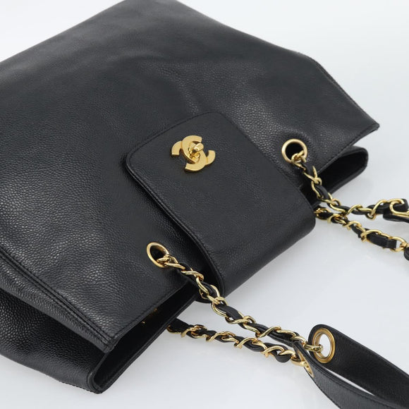 CHANEL Chain Shoulder Tote Bag Caviar Skin Black Gold CC Auth 194920SAM
