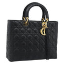 Christian Dior Lady Dior Canage Bag Lamb Skin 2way Black Gold Auth 194922SAM-1