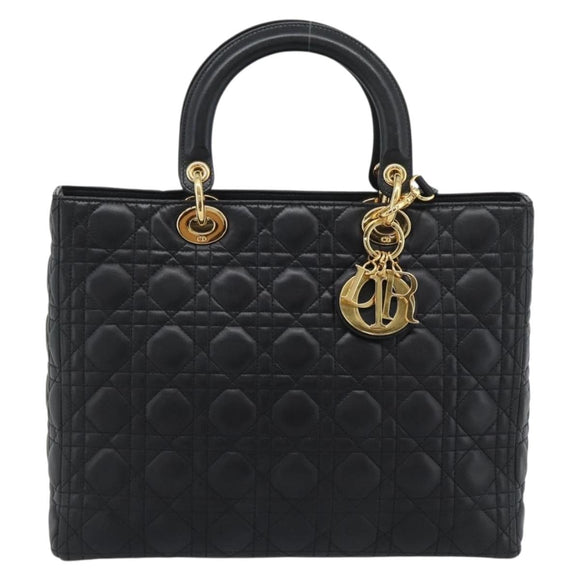 Christian Dior Lady Dior Canage Bag Lamb Skin 2way Black Gold Auth 194922SAM