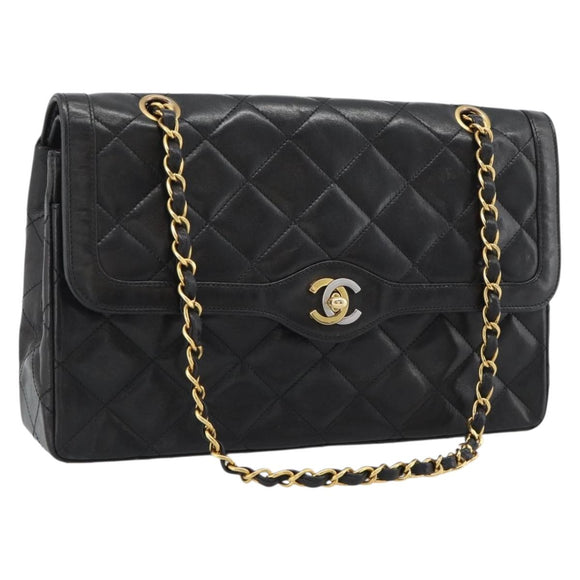 CHANEL Matelasse Chain Bag Lamb Skin Paris Limited Black Gold CC Auth 194926SAM