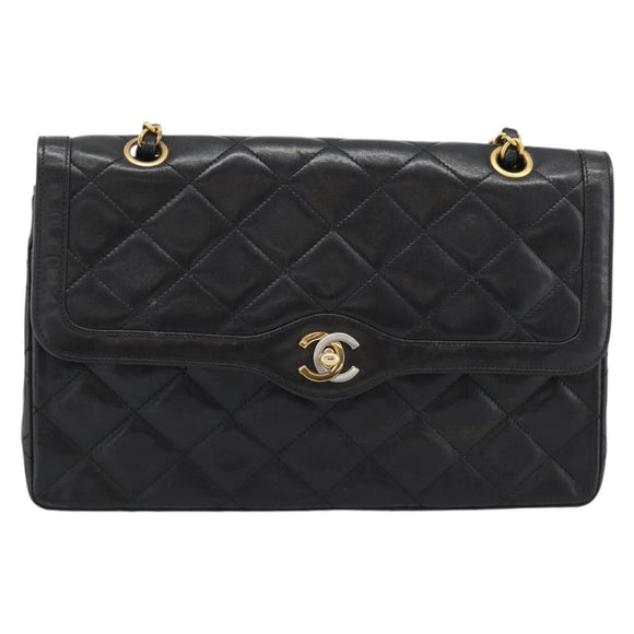 CHANEL Matelasse Chain Bag Lamb Skin Paris Limited Black Gold CC Auth 194926SAM