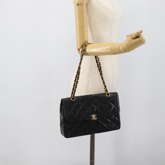 CHANEL Matelasse Chain Bag Lamb Skin Paris Limited Black Gold CC Auth 194926SAM