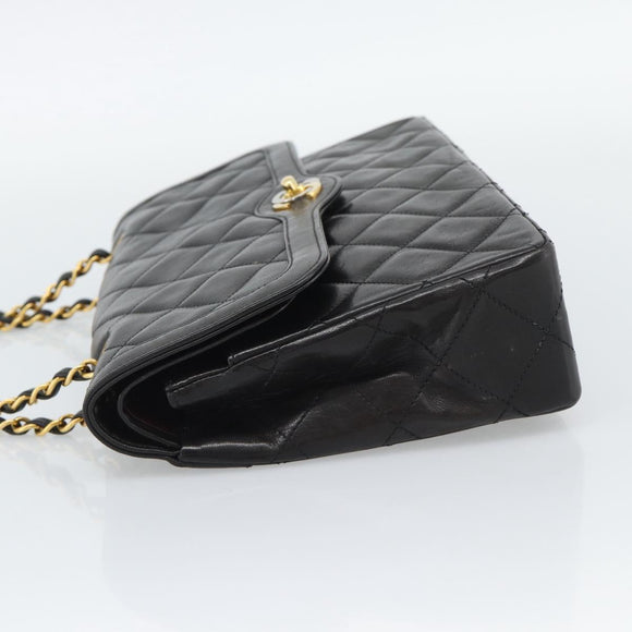 CHANEL Matelasse Chain Bag Lamb Skin Paris Limited Black Gold CC Auth 194926SAM