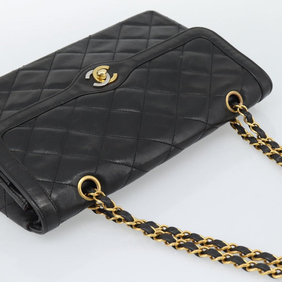 CHANEL Matelasse Chain Bag Lamb Skin Paris Limited Black Gold CC Auth 194926SAM