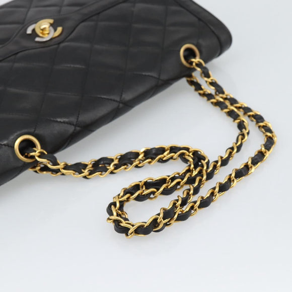 CHANEL Matelasse Chain Bag Lamb Skin Paris Limited Black Gold CC Auth 194926SAM