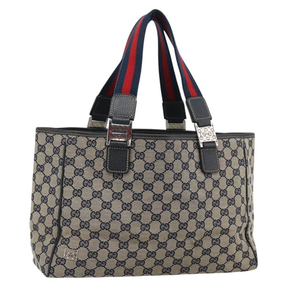 GUCCI GG Canvas Sherry Line Tote Bag Navy Silver 145758 Auth 194942A