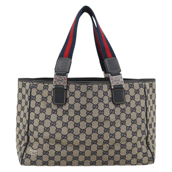 GUCCI GG Canvas Sherry Line Tote Bag Navy Silver 145758 Auth 194942A